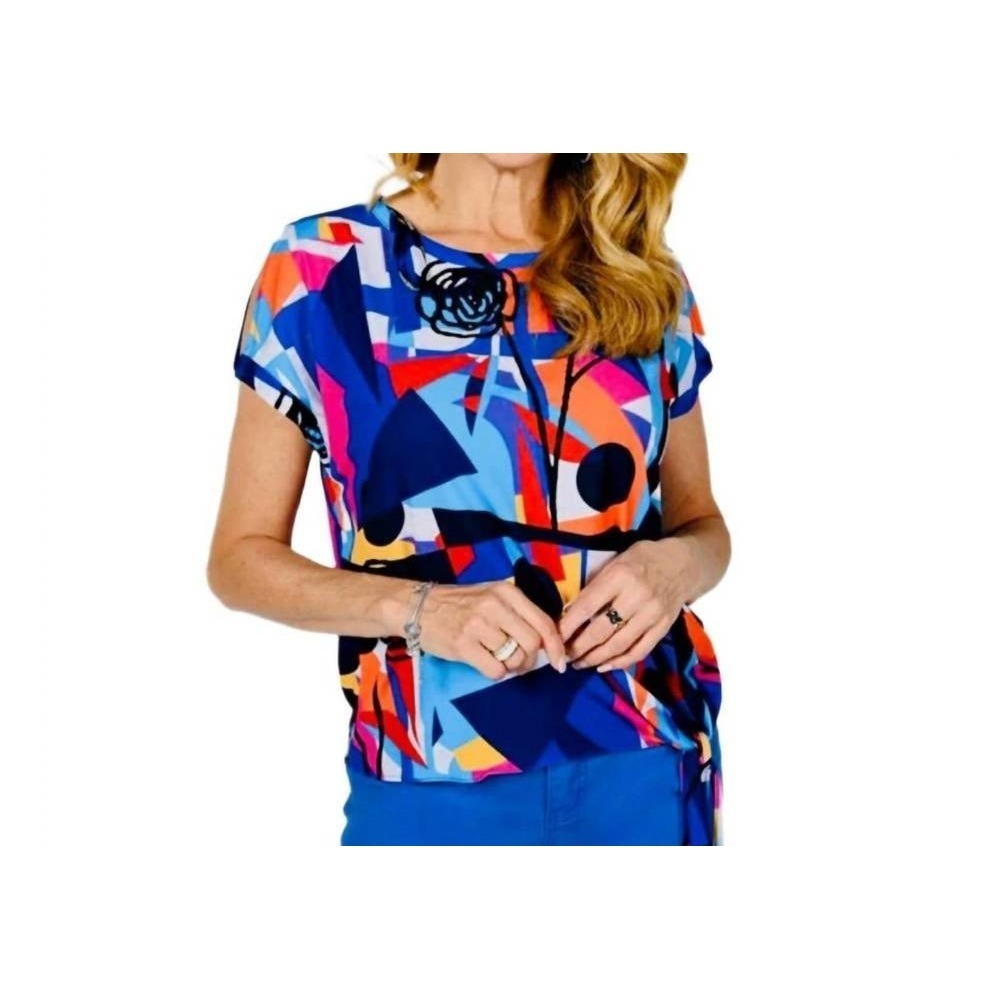 EUC FRANK LYMAN knit short sleeve side tie top abstract pop art multicolored 8
